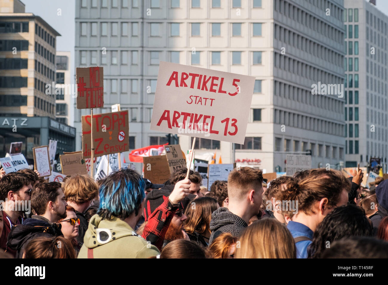 Berlin, Germany - march 23, 2019: Demonstration against EU copyright reform  / article 11 and article 13  in Berlin Germany. Stock Photo