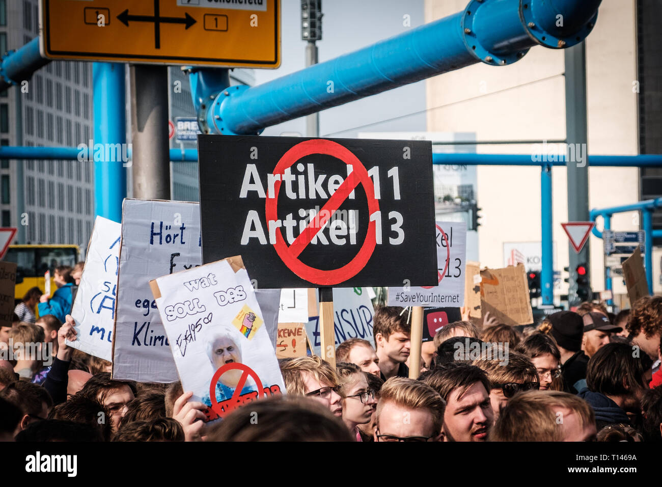 Berlin, Germany - march 23, 2019: Demonstration against EU copyright reform  / article 11 and article 13  in Berlin Germany. Stock Photo