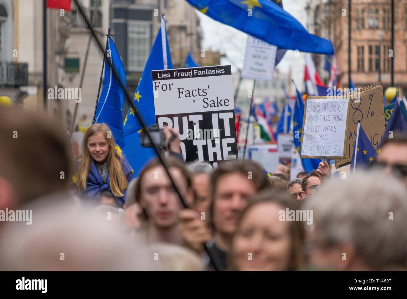 London, UK. 23 March, 2019. ‘Put It To The People March’, organised by the People’s Vote Campaign and run by British pro-European campaign group Open Britain, takes place in central London, starting at Park Lane via Piccadilly to Parliament Square and attracting demonstrators from across the country who want a new Brexit referendum. Credit: Malcolm Park/Alamy Live News. Stock Photo