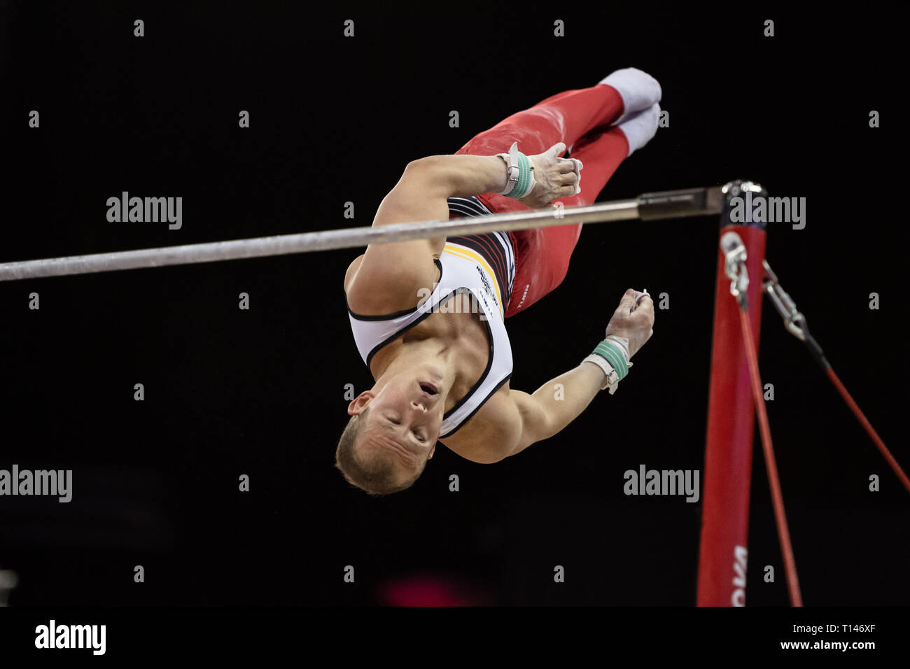 London, UK. 23rd March, 2019. Fabian Hambuchen of Germany performs High Bar during the Matchroom Multisport presents the 2019 Superstars of Gymnastics at The O2 Arena on Saturday, 23 March 2019. LONDON ENGLAND. Credit: Taka G Wu/Alamy News Stock Photo