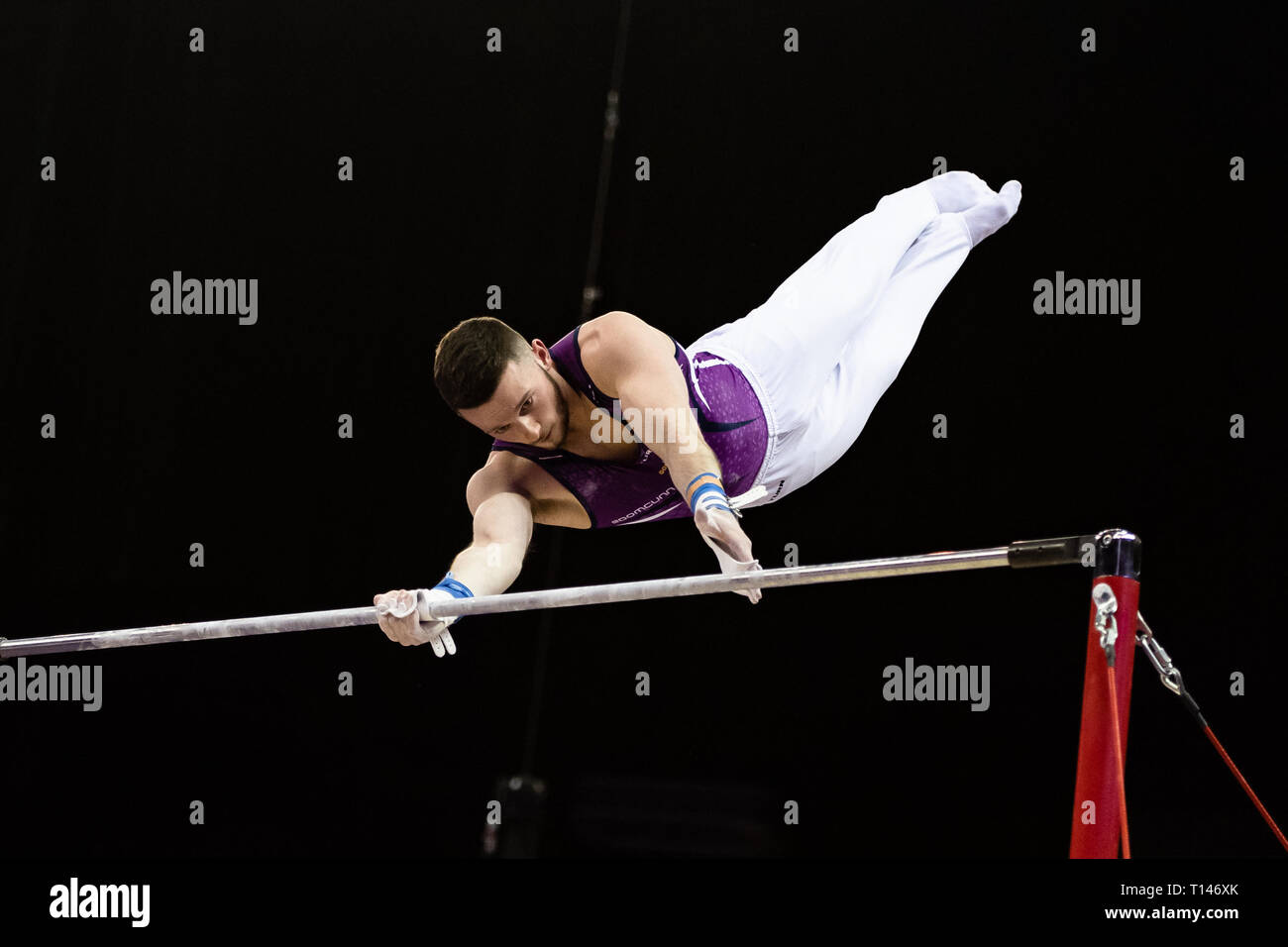London, UK. 23rd March, 2019. Don Cunningham performs High Bar during the Matchroom Multisport presents the 2019 Superstars of Gymnastics at The O2 Arena on Saturday, 23 March 2019. LONDON ENGLAND. Credit: Taka G Wu/Alamy News Stock Photo