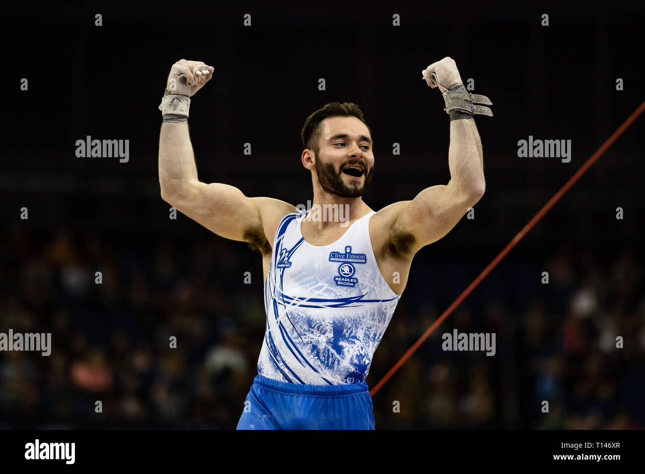 London, UK. 23rd March, 2019. James Hall performs High Bar during the Matchroom Multisport presents the 2019 Superstars of Gymnastics at The O2 Arena on Saturday, 23 March 2019. LONDON ENGLAND. Credit: Taka G Wu/Alamy News Stock Photo