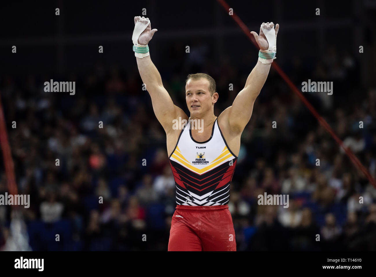 London, UK. 23rd March, 2019. Fabian Hambuchen of Germany performs High Bar during the Matchroom Multisport presents the 2019 Superstars of Gymnastics at The O2 Arena on Saturday, 23 March 2019. LONDON ENGLAND. Credit: Taka G Wu/Alamy News Stock Photo