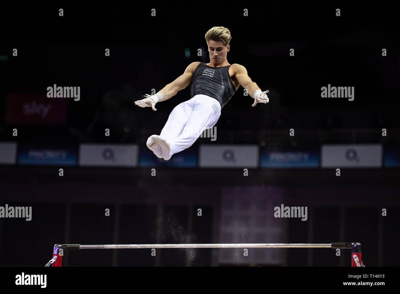 London, UK. 23rd March, 2019. Jay Thompson performs High Bar during the Matchroom Multisport presents the 2019 Superstars of Gymnastics at The O2 Arena on Saturday, 23 March 2019. LONDON ENGLAND. Credit: Taka G Wu/Alamy News Stock Photo