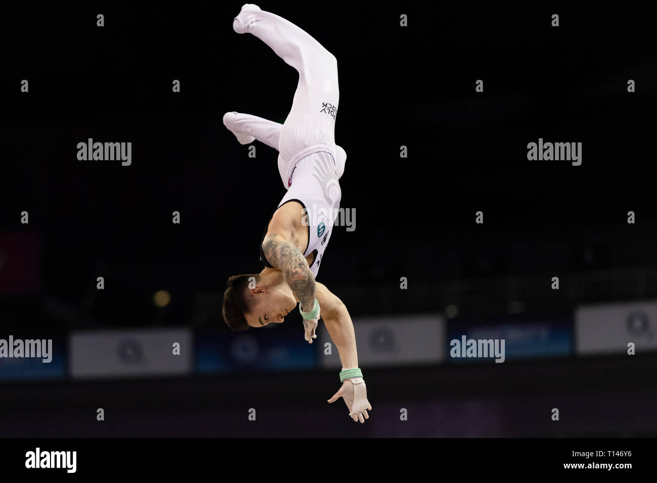 London, UK. 23rd March, 2019. Marcel Nguyen performs High Bar during the Matchroom Multisport presents the 2019 Superstars of Gymnastics at The O2 Arena on Saturday, 23 March 2019. LONDON ENGLAND. Credit: Taka G Wu/Alamy News Stock Photo