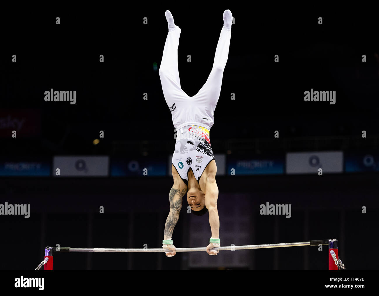 London, UK. 23rd March, 2019. Marcel Nguyen performs High Bar during the Matchroom Multisport presents the 2019 Superstars of Gymnastics at The O2 Arena on Saturday, 23 March 2019. LONDON ENGLAND. Credit: Taka G Wu/Alamy News Stock Photo