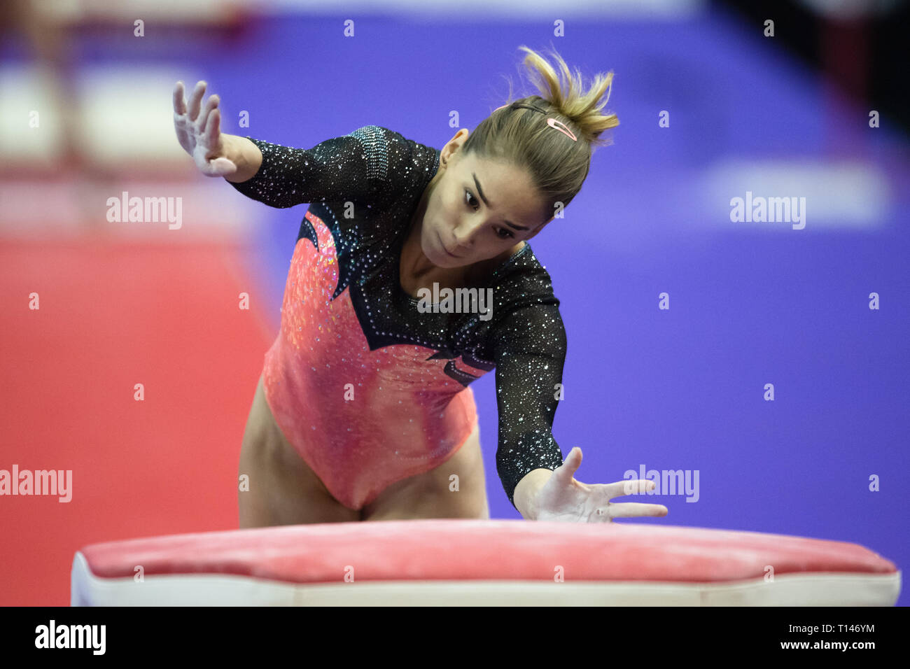 London, UK. 23rd March, 2019. Ayelen Tarabini performs on the Vault during the Matchroom Multisport presents the 2019 Superstars of Gymnastics at The O2 Arena on Saturday, 23 March 2019. LONDON ENGLAND. Credit: Taka G Wu/Alamy News Stock Photo