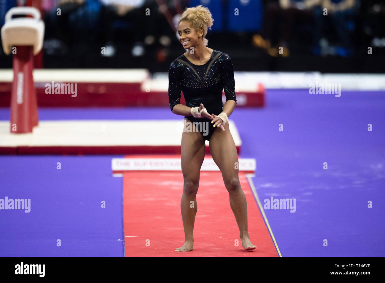 London, UK. 23rd March, 2019. Danusia Francis performs on the Vault during the Matchroom Multisport presents the 2019 Superstars of Gymnastics at The O2 Arena on Saturday, 23 March 2019. LONDON ENGLAND. Credit: Taka G Wu/Alamy News Stock Photo