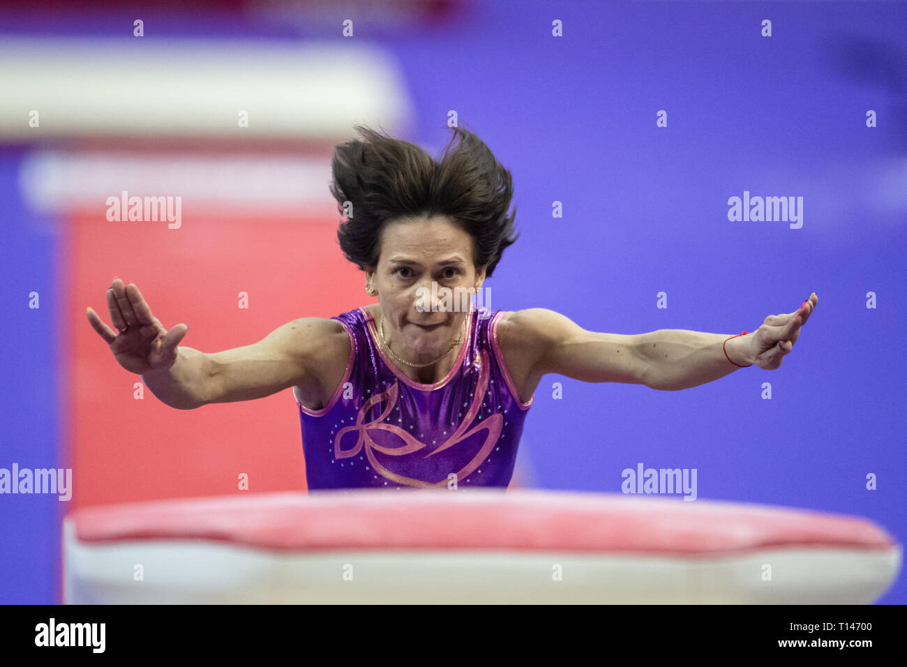 London, UK. 23rd March, 2019. Oksana Chusovitina of Uzbekistan performs on the Vault during the Matchroom Multisport presents the 2019 Superstars of Gymnastics at The O2 Arena on Saturday, 23 March 2019. LONDON ENGLAND. Credit: Taka G Wu/Alamy News Stock Photo