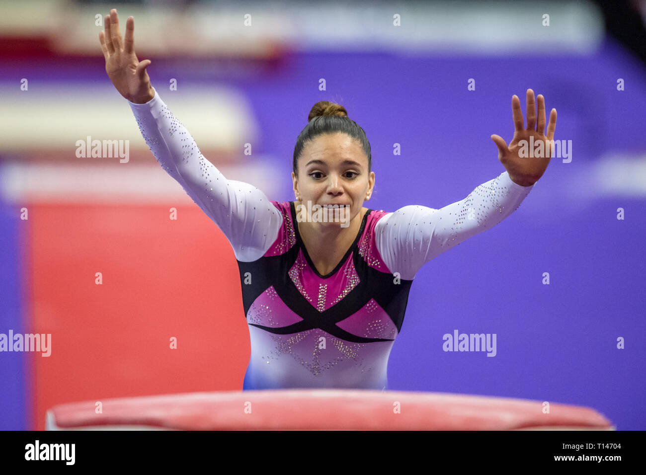 London, UK. 23rd March, 2019. Simona Castro performs on the Vault during the Matchroom Multisport presents the 2019 Superstars of Gymnastics at The O2 Arena on Saturday, 23 March 2019. LONDON ENGLAND. Credit: Taka G Wu/Alamy News Stock Photo