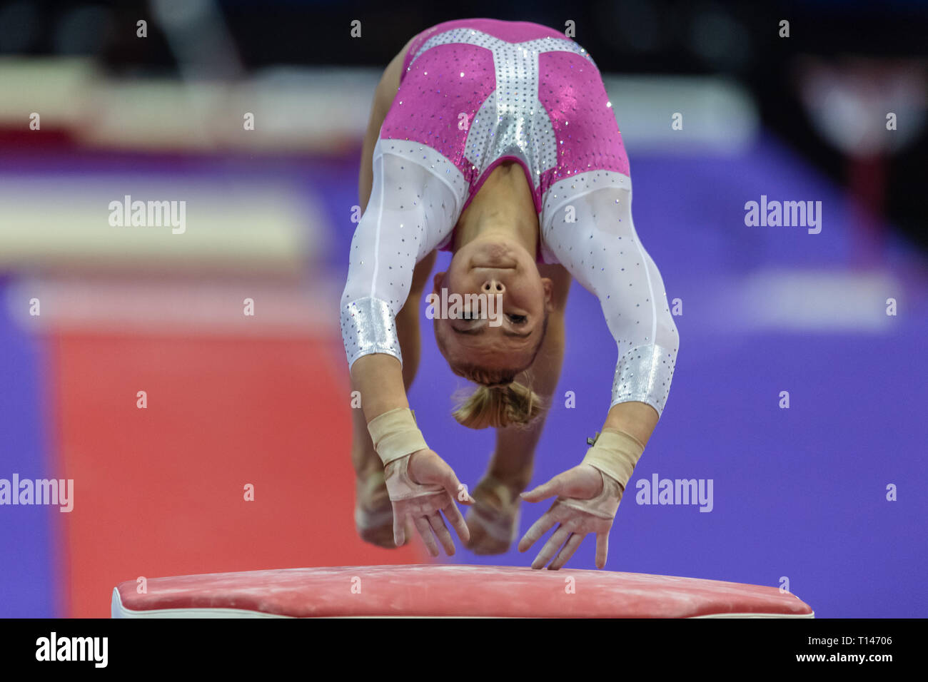 London, UK. 23rd March, 2019. Simona Castro performs on the Vault during the Matchroom Multisport presents the 2019 Superstars of Gymnastics at The O2 Arena on Saturday, 23 March 2019. LONDON ENGLAND. Credit: Taka G Wu/Alamy News Stock Photo