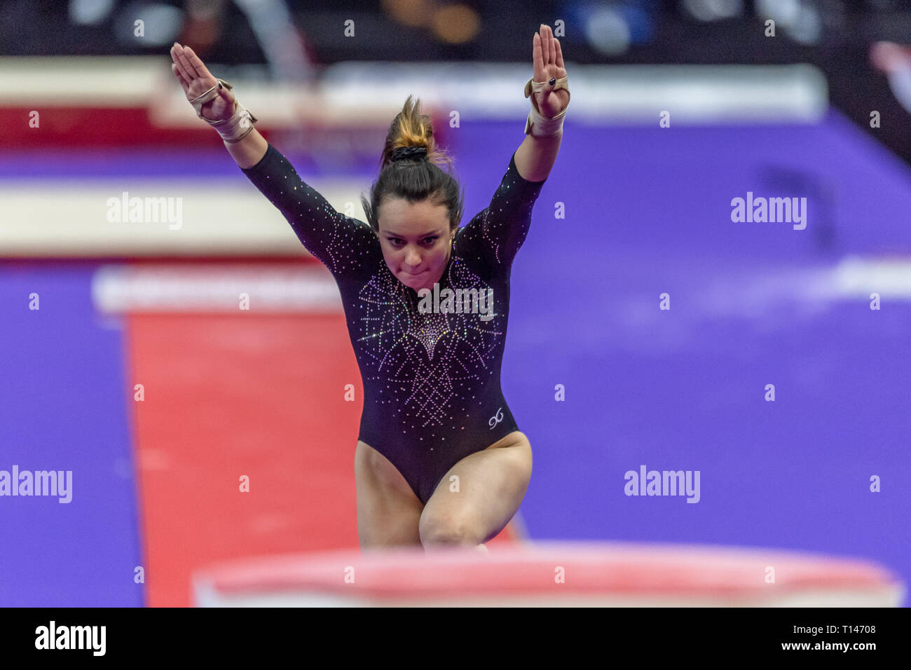 London, UK. 23rd March, 2019. Ana Lago of Mexico performs on the Vault during the Matchroom Multisport presents the 2019 Superstars of Gymnastics at The O2 Arena on Saturday, 23 March 2019. LONDON ENGLAND. Credit: Taka G Wu/Alamy News Stock Photo
