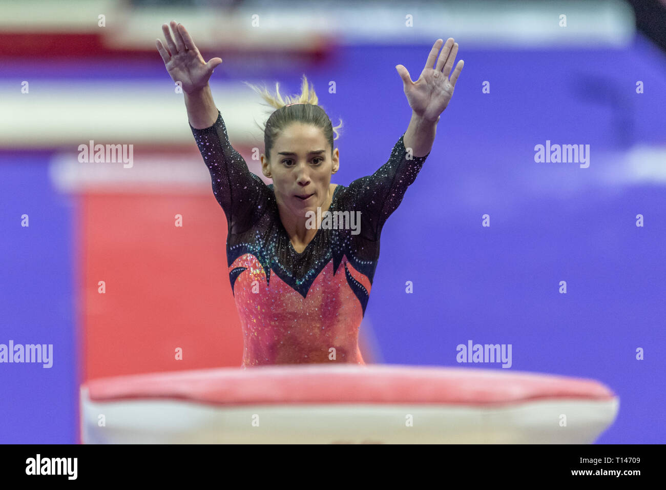 London, UK. 23rd March, 2019. Ayelen Tarabini performs on the Vault during the Matchroom Multisport presents the 2019 Superstars of Gymnastics at The O2 Arena on Saturday, 23 March 2019. LONDON ENGLAND. Credit: Taka G Wu/Alamy News Stock Photo