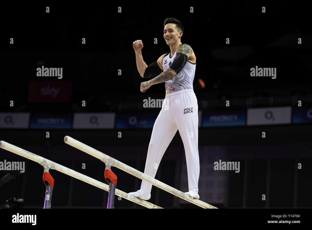 London, UK. 23rd March, 2019. Marcel Nguyen performs on the Parallel Bars during the Matchroom Multisport presents the 2019 Superstars of Gymnastics at The O2 Arena on Saturday, 23 March 2019. LONDON ENGLAND. Credit: Taka G Wu/Alamy News Stock Photo