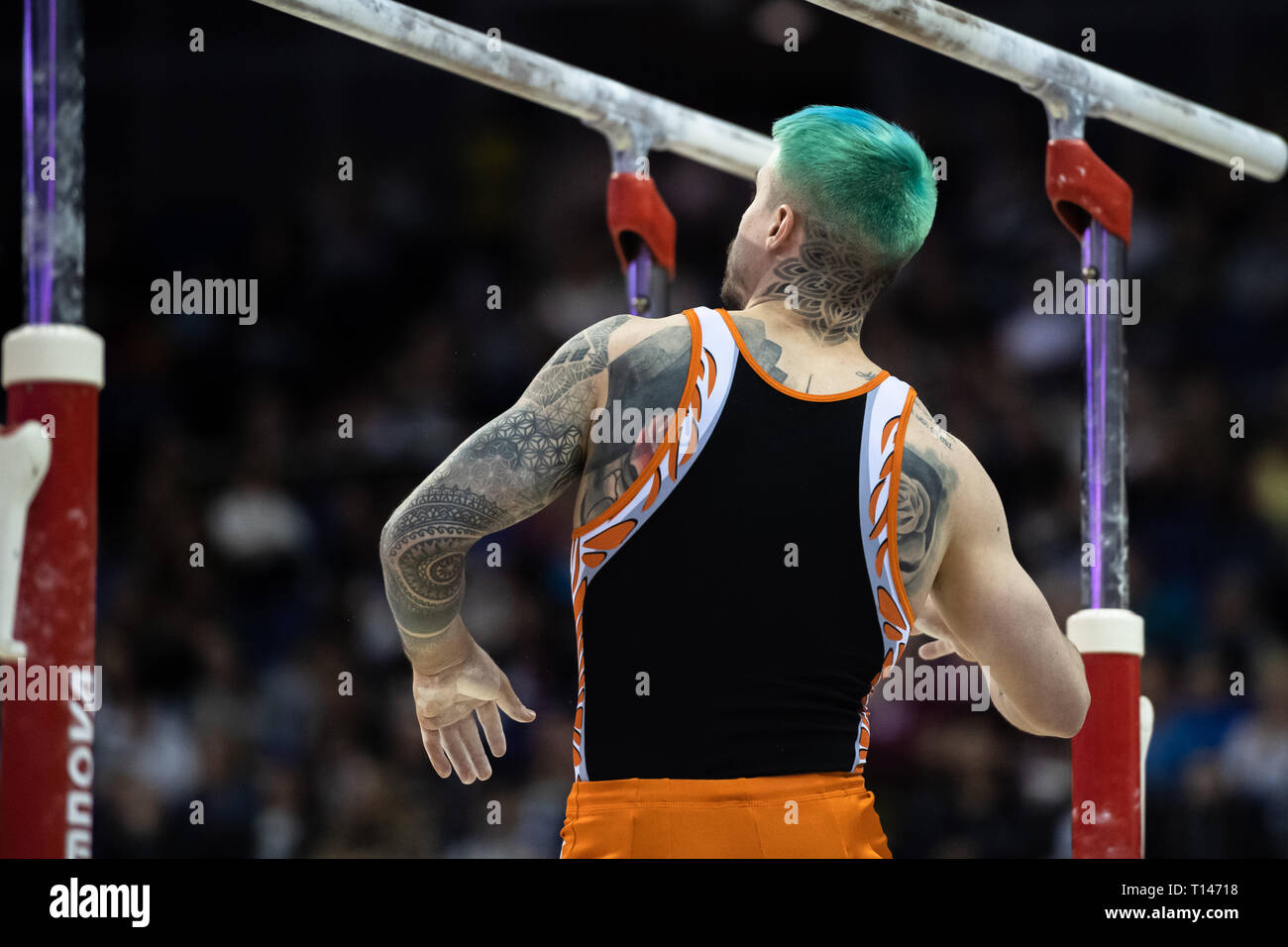 London, UK. 23rd March, 2019. Casimir Schmidt performs on the Parallel Bars during the Matchroom Multisport presents the 2019 Superstars of Gymnastics at The O2 Arena on Saturday, 23 March 2019. LONDON ENGLAND. Credit: Taka G Wu/Alamy News Stock Photo