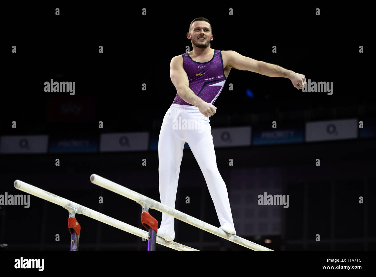 London, UK. 23rd March, 2019. Dom Cunningham performs on Parallel Bars during the Matchroom Multisport presents the 2019 Superstars of Gymnastics at The O2 Arena on Saturday, 23 March 2019. LONDON ENGLAND. Credit: Taka G Wu/Alamy News Stock Photo