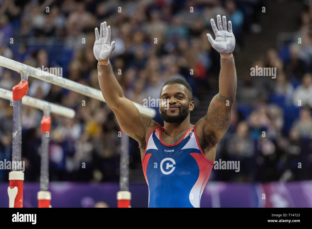 London, UK. 23rd March, 2019. Courtney Tulloch performs on the Parallel Bars during the Matchroom Multisport presents the 2019 Superstars of Gymnastics at The O2 Arena on Saturday, 23 March 2019. LONDON ENGLAND. Credit: Taka G Wu/Alamy News Stock Photo