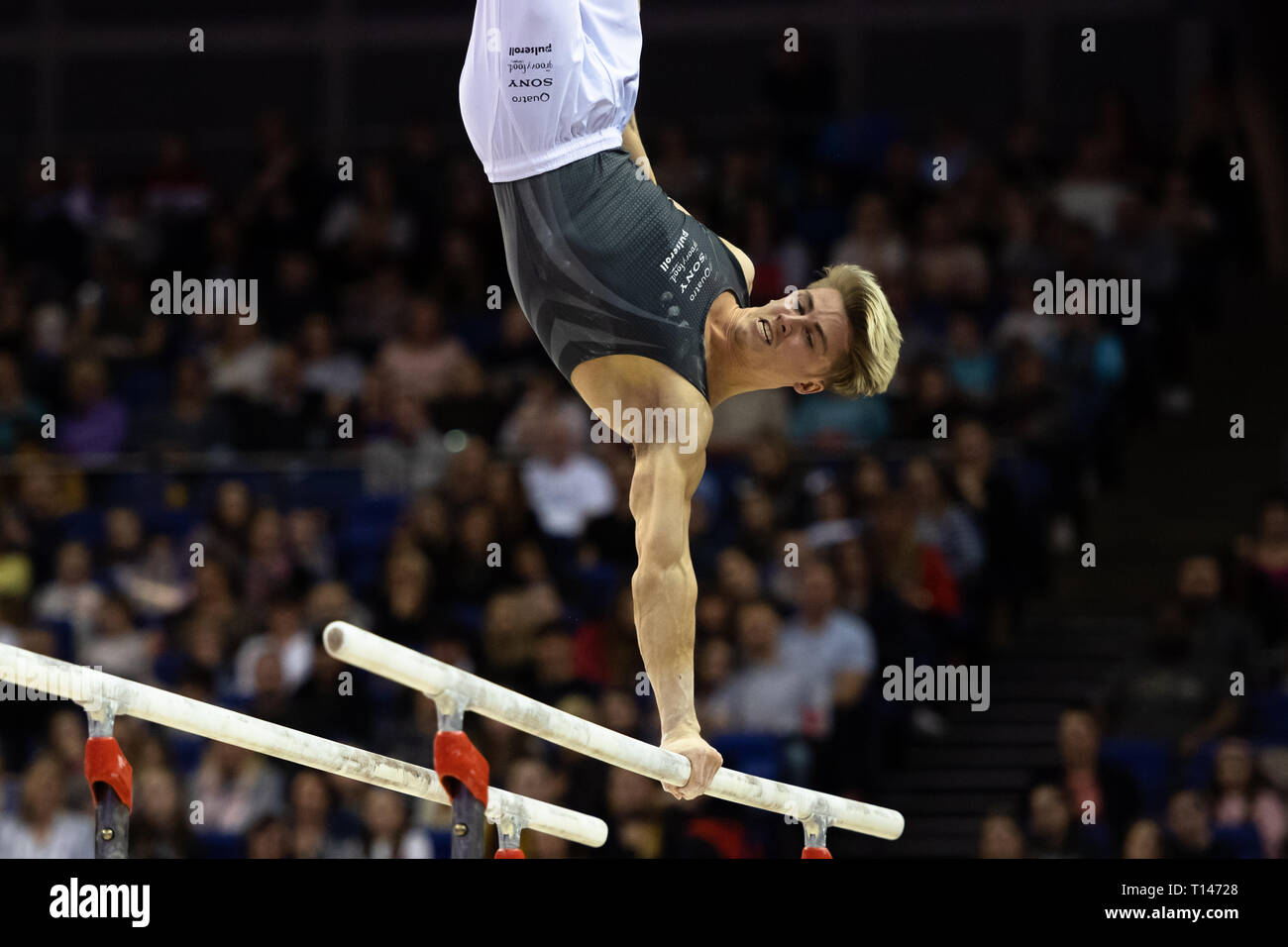 London, UK. 23rd March, 2019. Jay Thompson performs on the Parallel Bars during the Matchroom Multisport presents the 2019 Superstars of Gymnastics at The O2 Arena on Saturday, 23 March 2019. LONDON ENGLAND. Credit: Taka G Wu/Alamy News Stock Photo