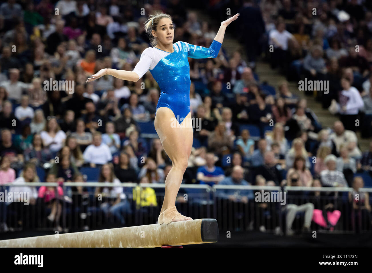 London, UK. 23rd March, 2019. Ayelen Tarabini of Argentina performs on the Beam during the Matchroom Multisport presents the 2019 Superstars of Gymnastics at The O2 Arena on Saturday, 23 March 2019. LONDON ENGLAND. Credit: Taka G Wu/Alamy News Stock Photo