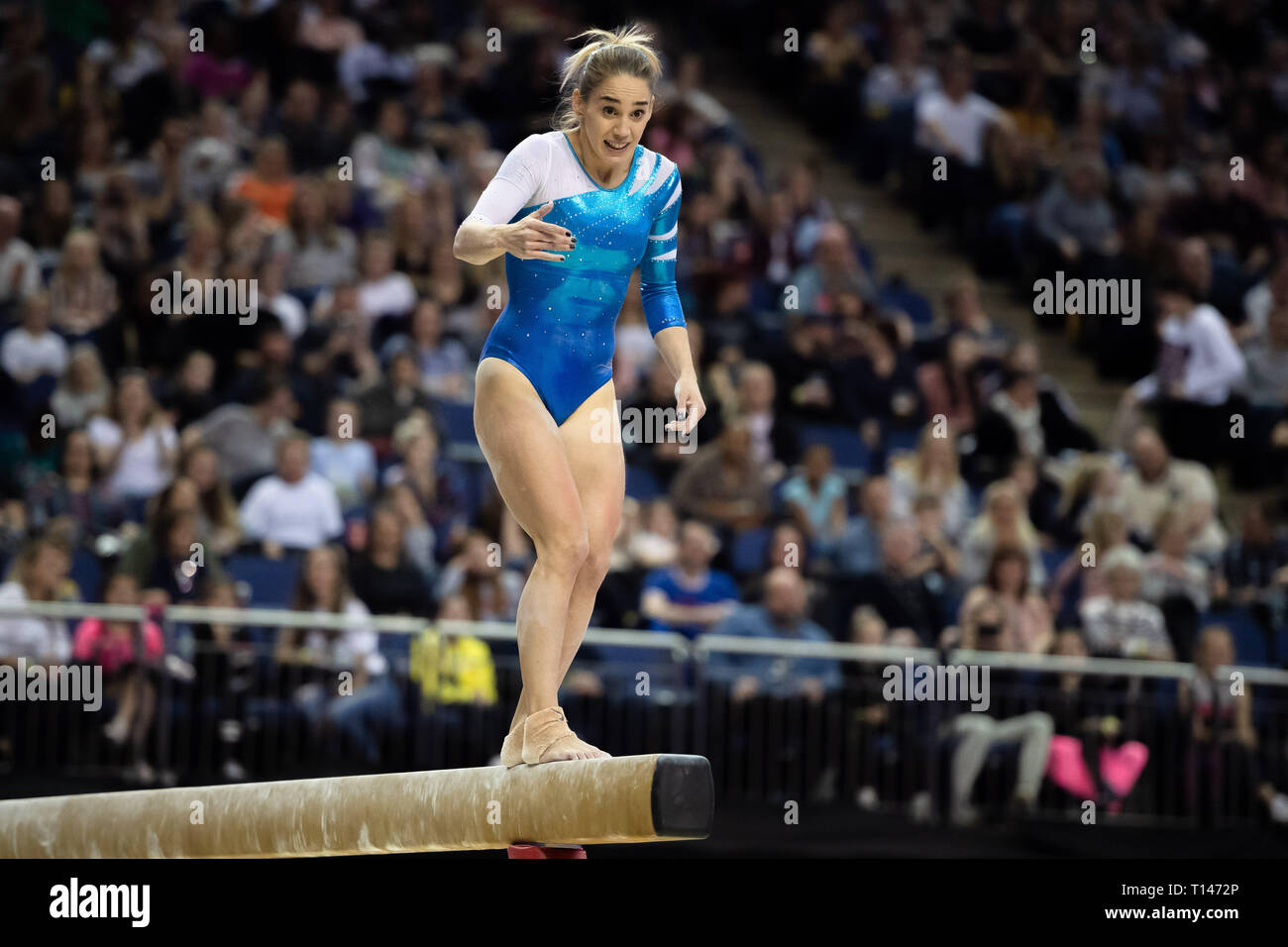 London, UK. 23rd March, 2019. Ayelen Tarabini of Argentina performs on the Beam during the Matchroom Multisport presents the 2019 Superstars of Gymnastics at The O2 Arena on Saturday, 23 March 2019. LONDON ENGLAND. Credit: Taka G Wu/Alamy News Stock Photo