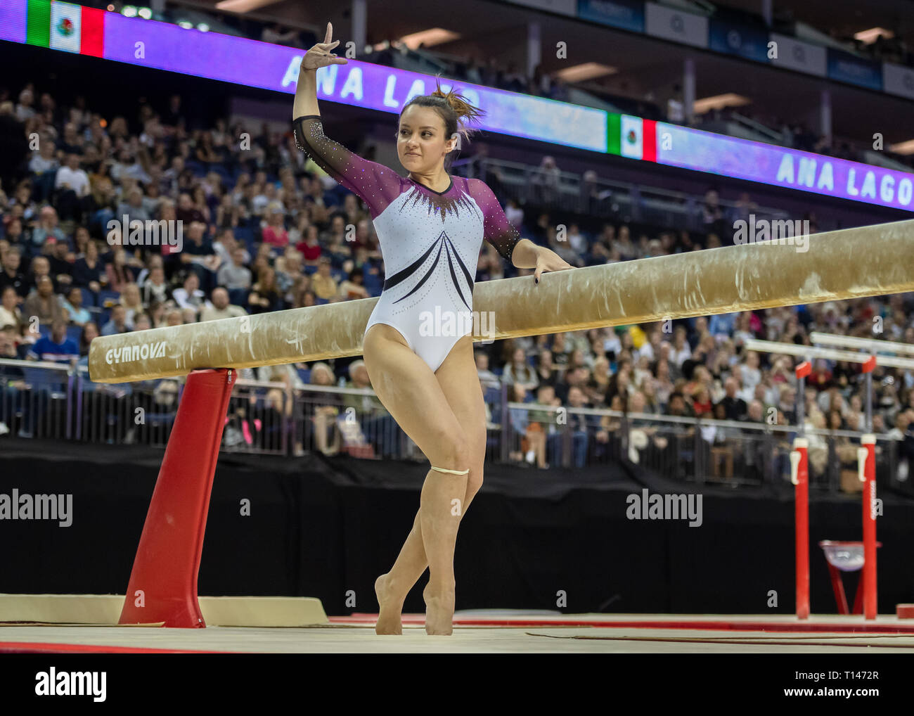 London, UK. 23rd March, 2019. Ana Lago of Mexico performs on the Beam during the Matchroom Multisport presents the 2019 Superstars of Gymnastics at The O2 Arena on Saturday, 23 March 2019. LONDON ENGLAND. Credit: Taka G Wu/Alamy News Stock Photo