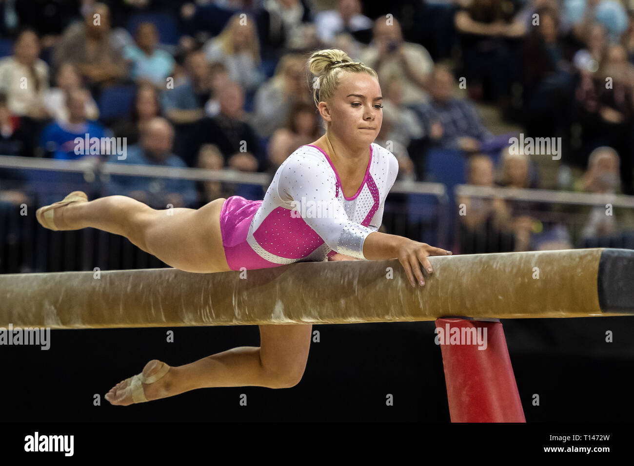 London, UK. 23rd March, 2019. Halle Hilton of Great Britain performs on the Beam during the Matchroom Multisport presents the 2019 Superstars of Gymnastics at The O2 Arena on Saturday, 23 March 2019. LONDON ENGLAND. Credit: Taka G Wu/Alamy News Stock Photo