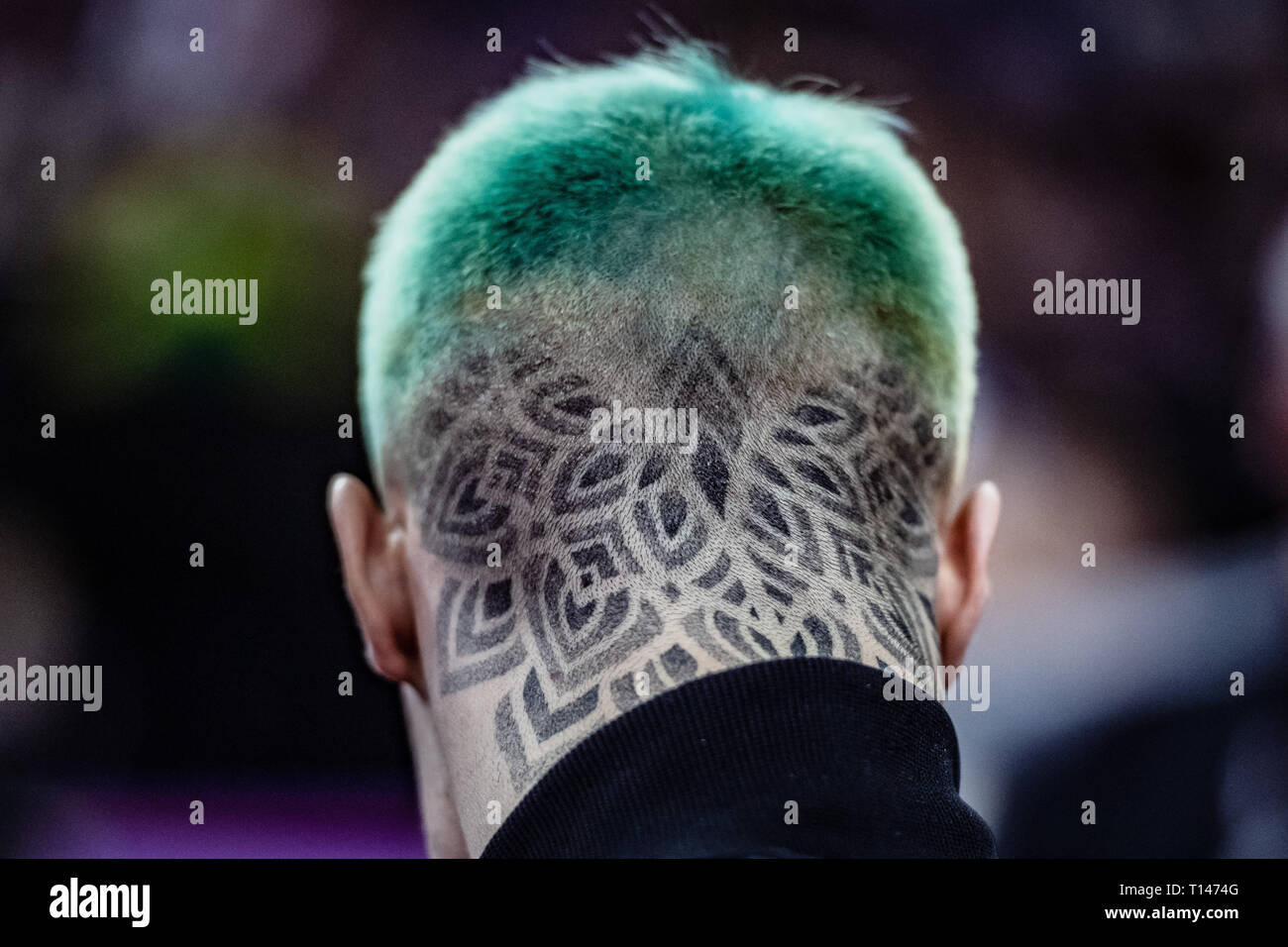 London, UK. 23rd March, 2019. Casimir Schmidt shows the tattoos on his head during the Matchroom Multisport presents the 2019 Superstars of Gymnastics at The O2 Arena on Saturday, 23 March 2019. LONDON ENGLAND. Credit: Taka G Wu/Alamy News Stock Photo