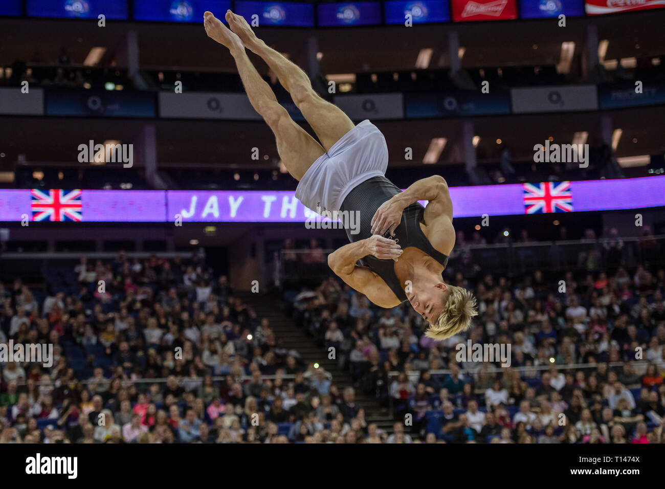London, UK. 23rd March, 2019. Jay Thompson performs Floor Exercise during the Matchroom Multisport presents the 2019 Superstars of Gymnastics at The O2 Arena on Saturday, 23 March 2019. LONDON ENGLAND. Credit: Taka G Wu/Alamy News Stock Photo