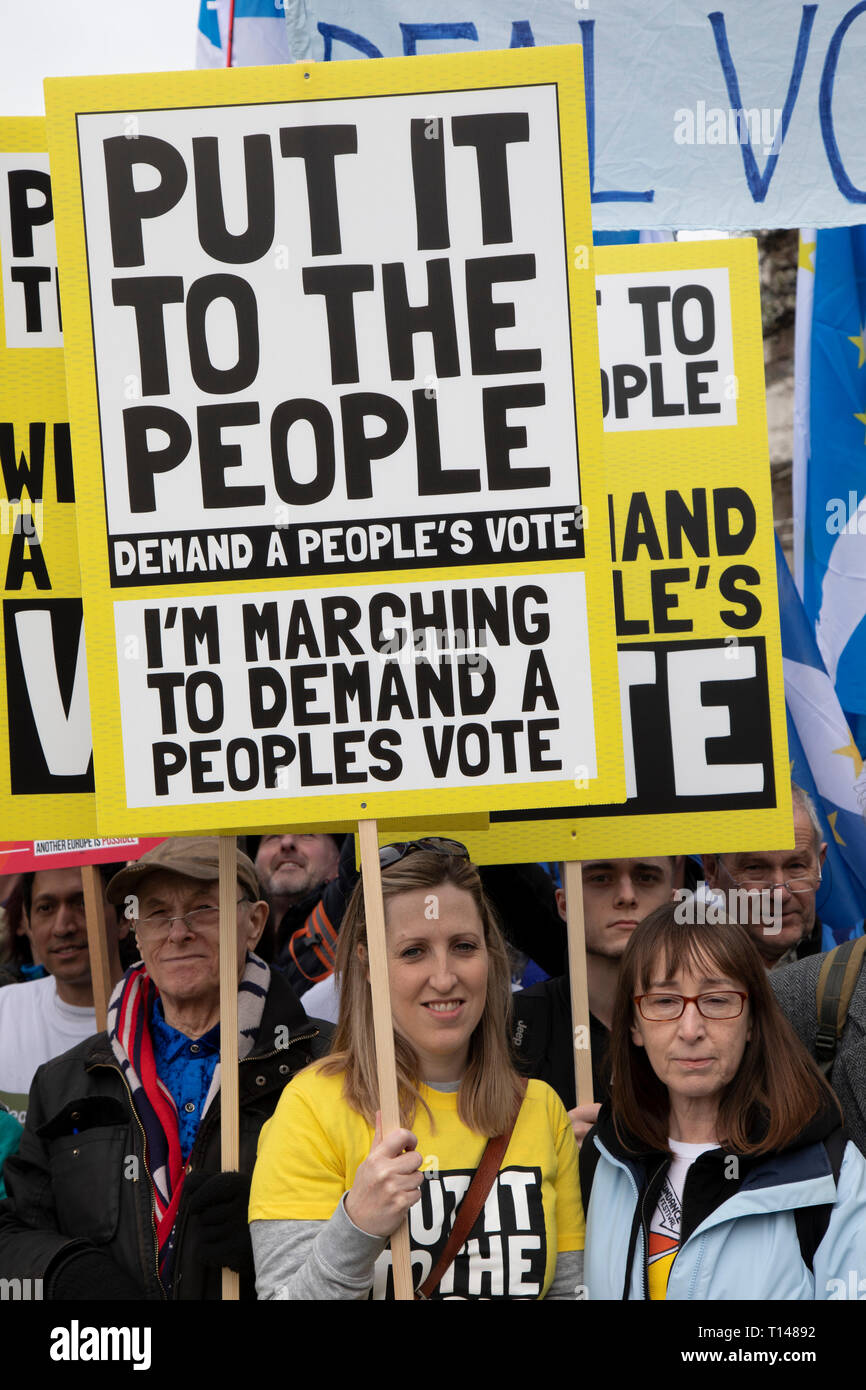 London, UK. 23rd Mar, 2019. Put It To The People march for a Peoples Vote on 23rd March 2019 in London, United Kingdom. With less than one week until the UK is supposed to be leaving the European Union, the final result still hangs in the balance and protesters gathered in their tens of thousands to make political leaders take notice and to give the British public a vote on the final Brexit deal, with the aim to revoke Article 50. Credit: Michael Kemp/Alamy Live News Stock Photo
