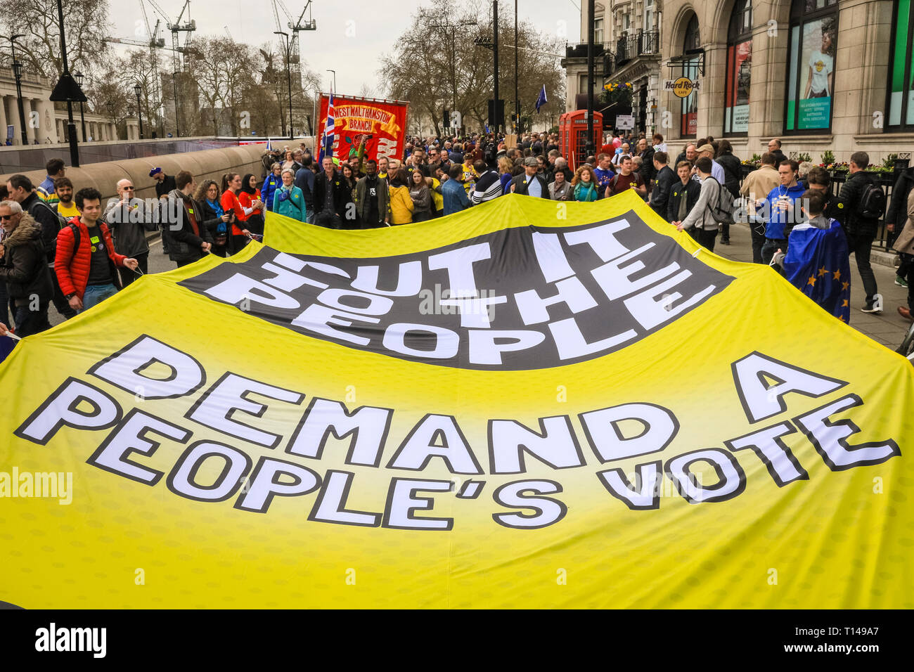 London, UK, 23rd Mar 2019. Protesters in colourful outfits with placards and banners. Protesters from all over the UK, and many British Ex-Pats from abroad, have travelled to join the 'People's Vote March', also referred to as the 'Put it to the People' march. The march, attended by hundreds of thousands, makes its way from Park Lane, along Piccadilly, Trafalgar Square and Whitehall to end with speeches by campaigners and politicians in Parliament Square, Westminster. Stock Photo