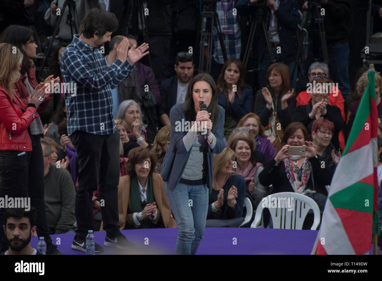 Madrid, Spain, 23rd March, 2019. Irene Montero second leader of Unidas Podemos giving an speech. pre-campaign of the united left party unidas podemos, for the five weeks of the campaign until April 28. Pablo Iglesias reappears in the public scene three months of his retirement to enjoy the paternity leave. the left party has chosen one of the most emblematic places for them the political space the square attached to the reina sofia de madrid museum. Credit: Alberto Sibaja Ramírez/Alamy Live News Stock Photo