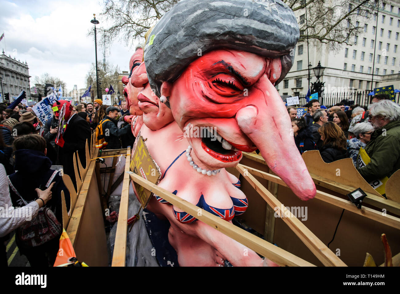 Float including grotesque caricatures of Boris Johnson, Michael Gove and Theresa May, The People's Vote March, London, March 2019 Stock Photo
