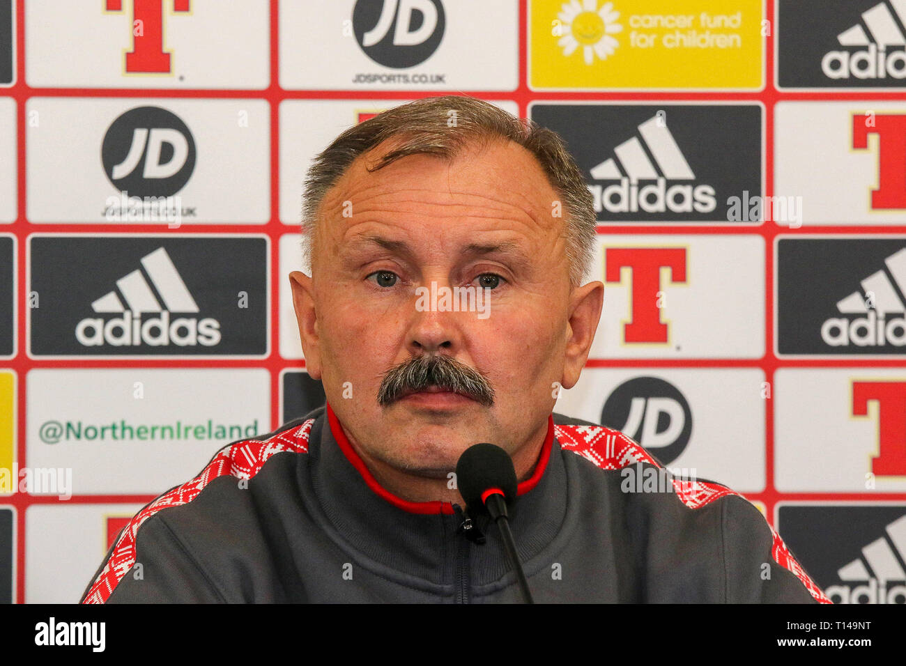 Windsor Park, Belfast, Northern Ireland, UK. 23 March 2019. The Belarus press-call before tomorrow night's Euro 2020 qualifying game in Belfast. Belarus lost their opening game against Netherlands 0-4 on Friday night. Belarus coach Igor Kriushenko in Belfast. Credit: David Hunter/Alamy Live News. Stock Photo