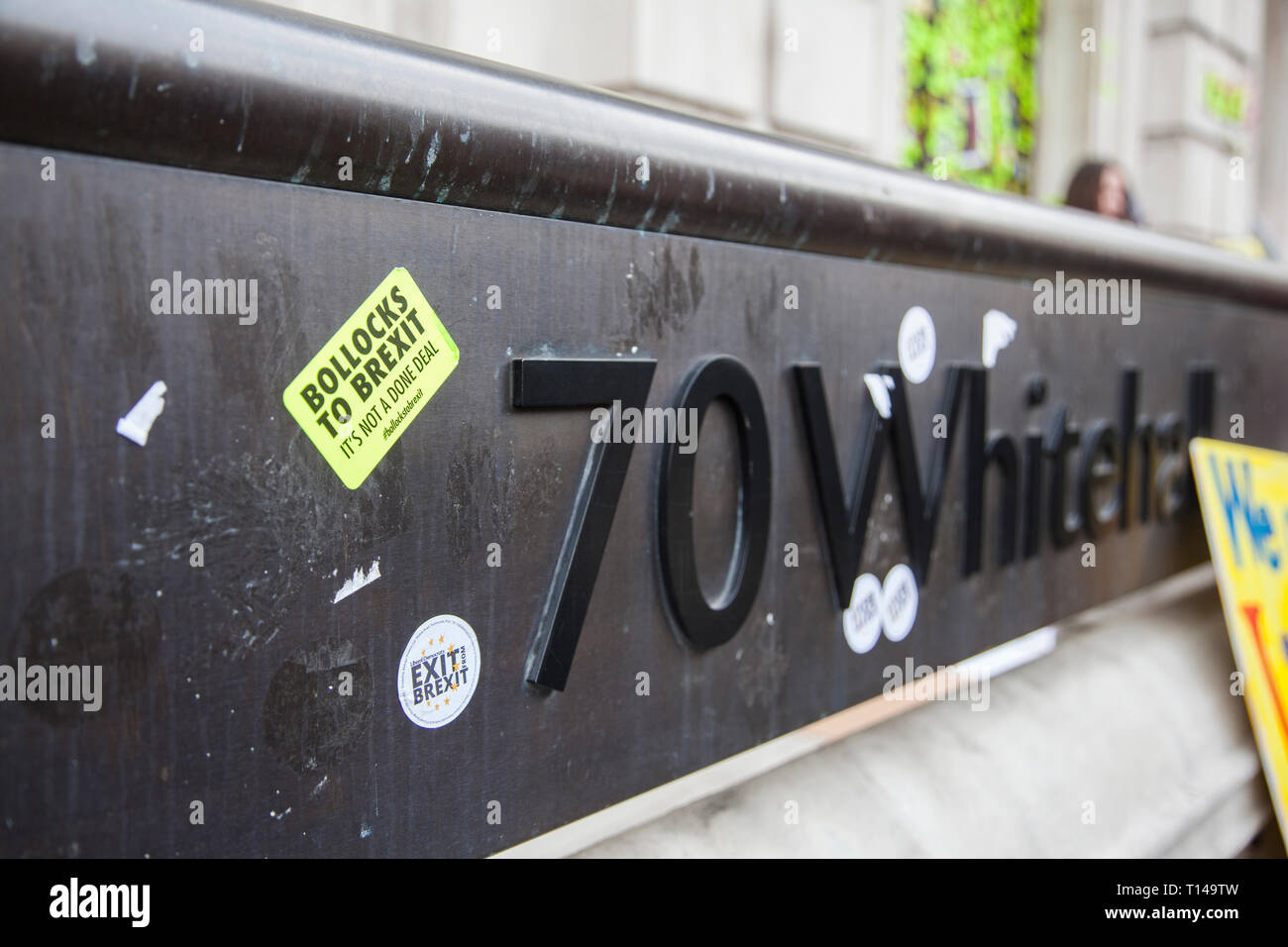 London, UK. 23rd March, 2019. The Government Cabinet Office covered in Anti Brexit stickers at the Anti Brexit people's vote march Credit: Ink Drop/Alamy Live News Stock Photo