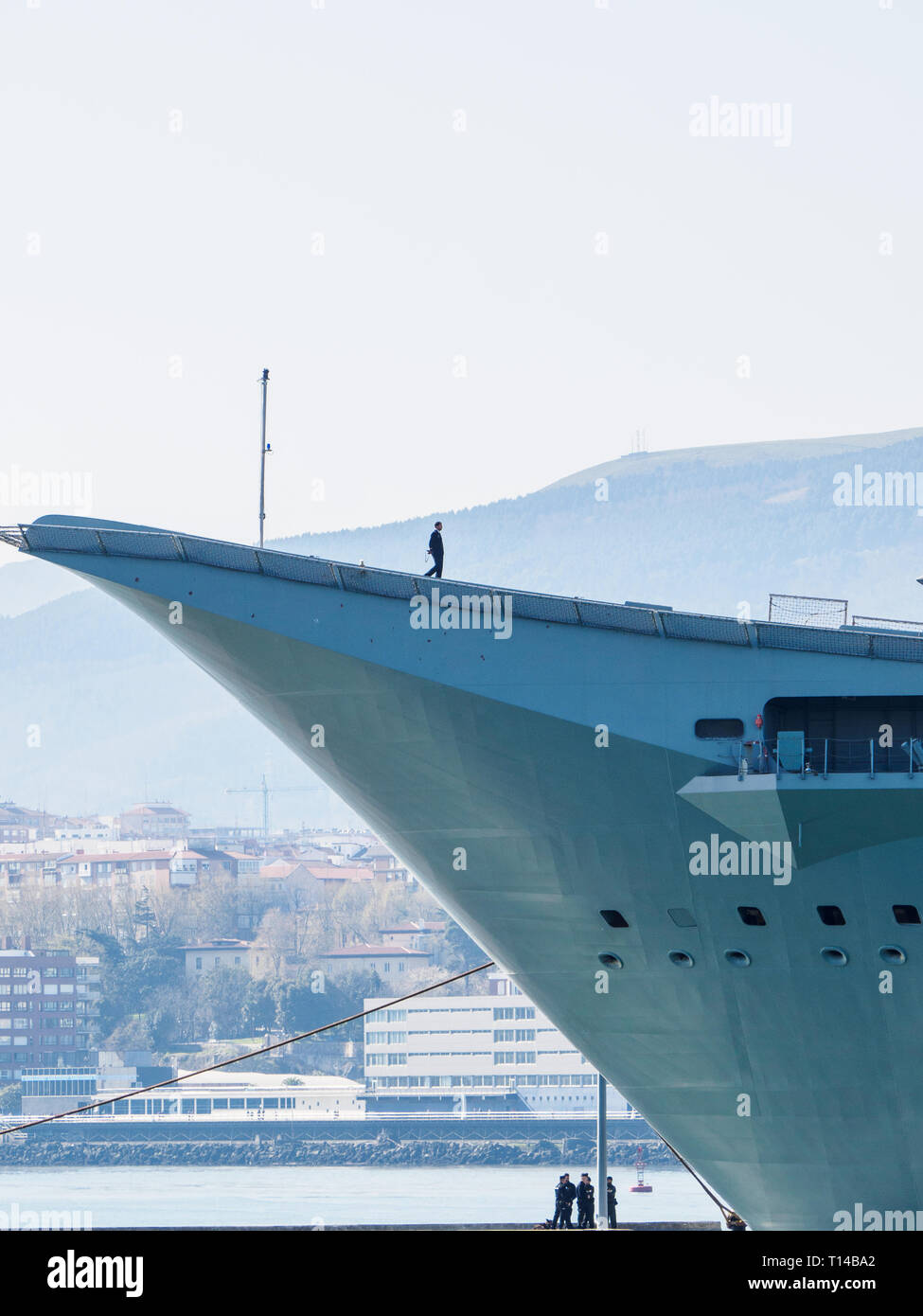 BILBAO, SPAIN - MARCH / 23/2019. The aircraft carrier of the Spanish Navy Juan Carlos I in the port of Bilbao, open day to visit the ship. Sunny day Stock Photo
