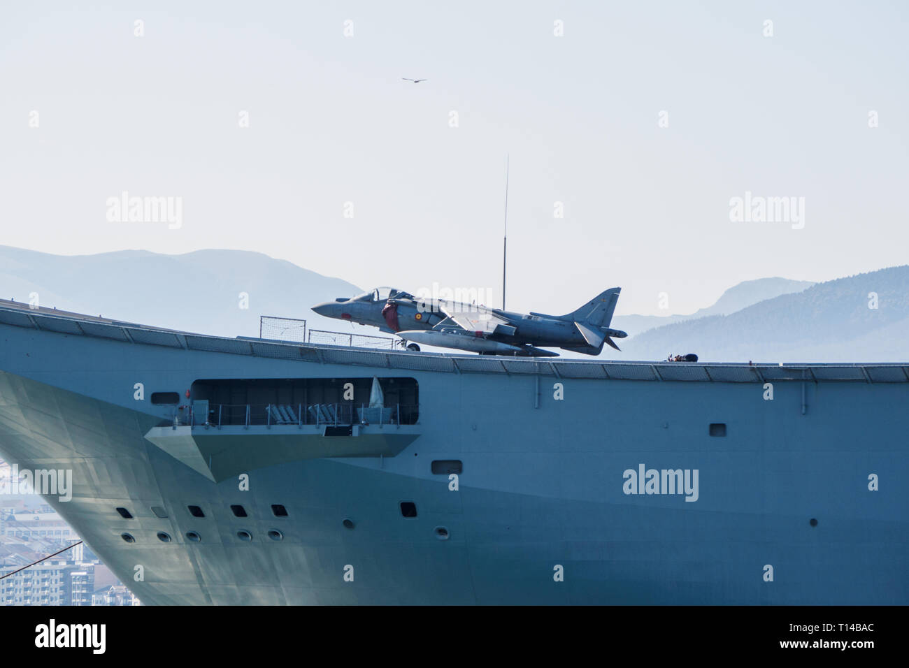 BILBAO, SPAIN - MARCH / 23/2019. The aircraft carrier of the Spanish Navy Juan Carlos I in the port of Bilbao, open day to visit the ship. Sunny day Stock Photo