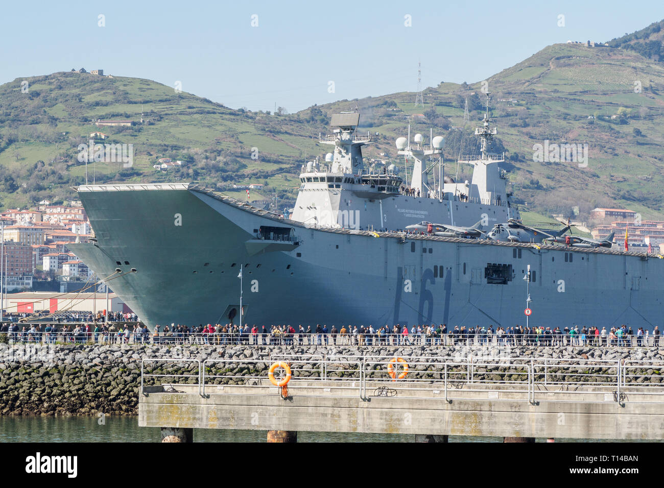 BILBAO, SPAIN - MARCH / 23/2019. The aircraft carrier of the Spanish Navy Juan Carlos I in the port of Bilbao, open day to visit the ship. Stock Photo