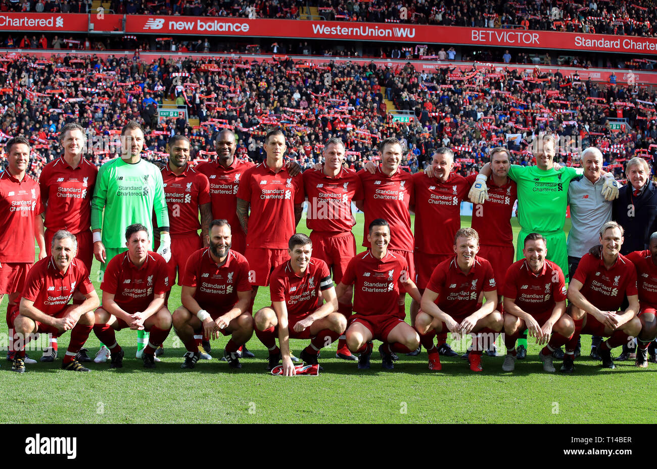 Liverpool Legends line up before the Legends match at Anfield Stadium
