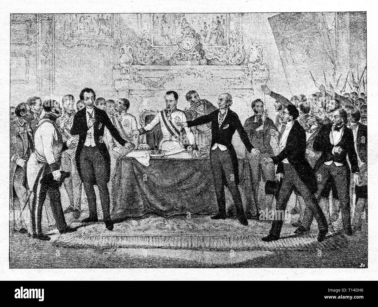 The dismissal of Prince Metternich on March 13; 1848. From lithography. Digital improved reproduction from Illustrated overview of the life of mankind in the 19th century, 1901 edition, Marx publishing house, St. Petersburg. Stock Photo