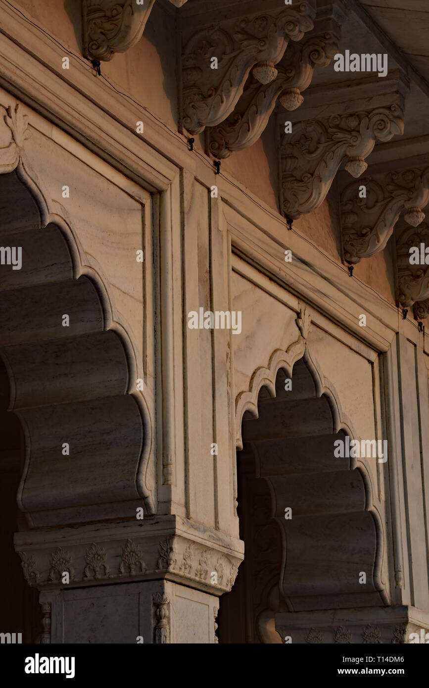 Intricate inlaid details of the marble arches of the beautiful Khas Mahal, Agra Fort, Agra, India, Asia. Stock Photo