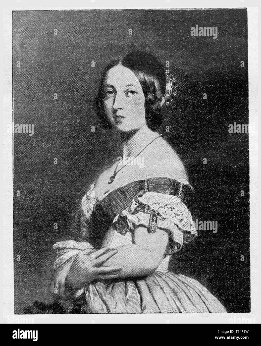 Victoria Queen of England. From Winterhalter painting./ Versailles Gallery /Digital improved reproduction from Illustrated overview of the life of mankind in the 19th century, 1901 edition, Marx publishing house, St. Petersburg. Stock Photo