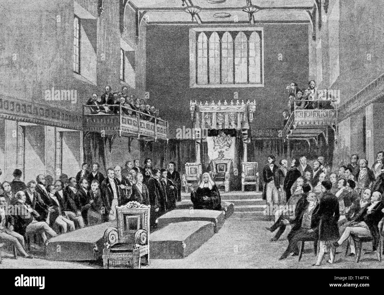 The meeting of the English House of Lords in 1844. Digital improved reproduction from Illustrated overview of the life of mankind in the 19th century, 1901 edition, Marx publishing house, St. Petersburg. Stock Photo