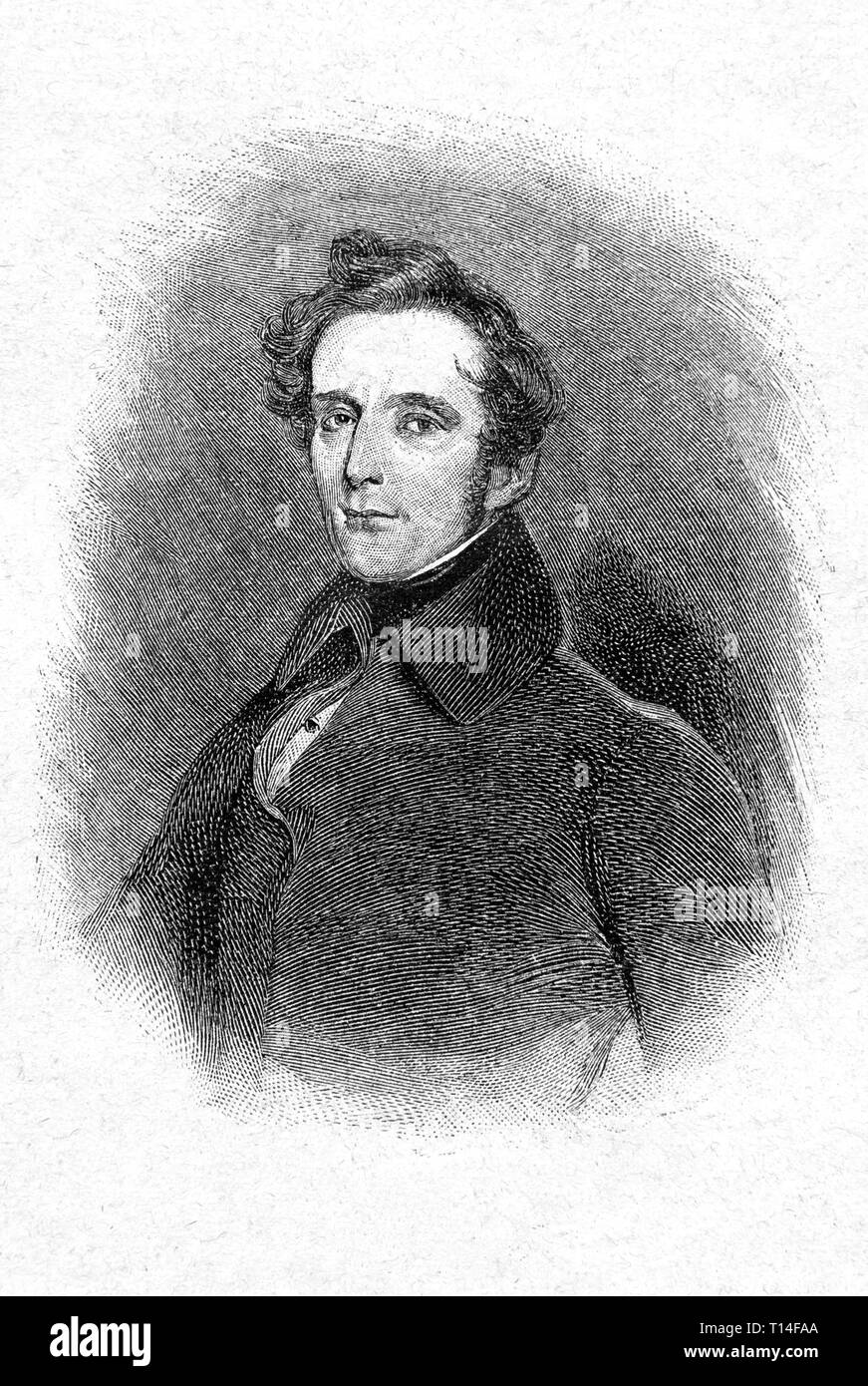 Alphonse Lamartine, by lithography. Digital improved reproduction from Illustrated overview of the life of mankind in the 19th century, 1901 edition, Marx publishing house, St. Petersburg. Stock Photo