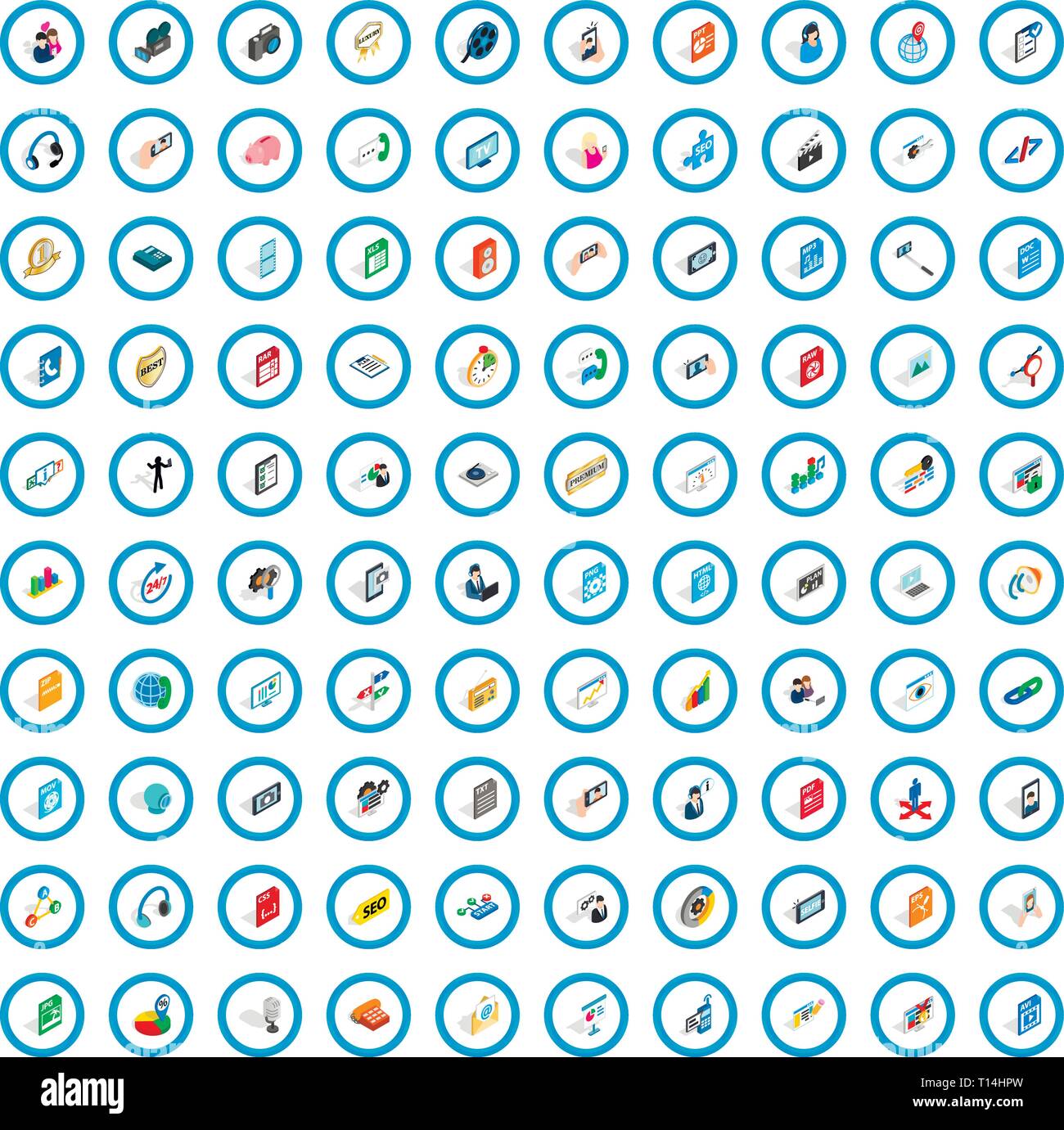 100 media icons set, isometric 3d style Stock Vector
