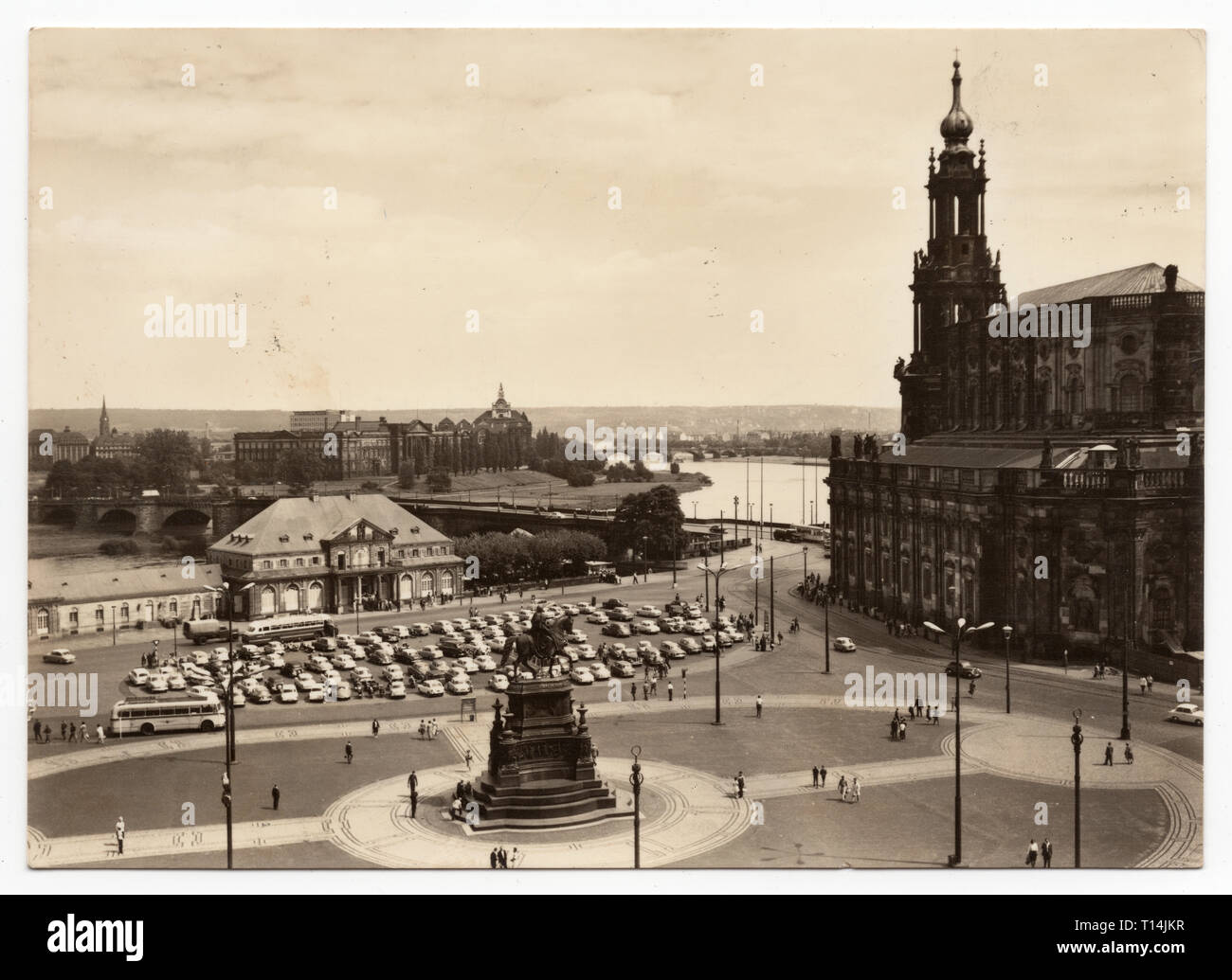 Dresden Cathedral (Hofkirche) and the equestrian monument to King John of Saxony (König-Johann-Denkmal) in Theaterplatz in Dresden, Germany, depicted in the East German undated vintage postcard. Courtesy of the Azoor Postcard Collection. Stock Photo