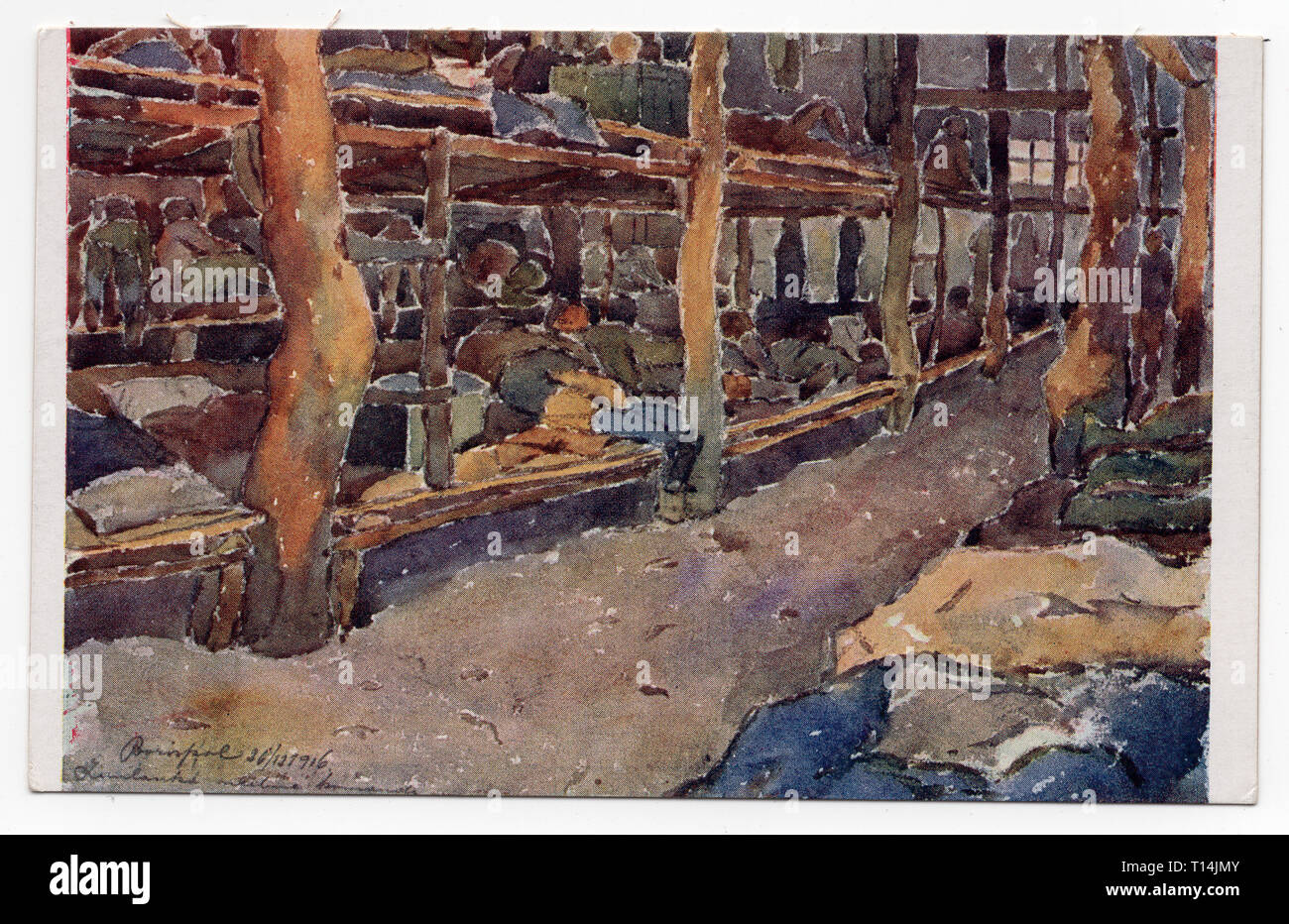 Czechoslovak soldiers in the underground barrack in the Borilspol Military Camp (now Boryspil in Ukraine, then in Russia) depicted in the watercolour painting by Czech artist Jan Matoušek painted on 26 December 1916 and printed on the Czechoslovak vintage postcard from the series 'Pictures from the life and fights of the Czechoslovak legions in Russia' ('Pohledy ze života a bojů československých legií v Rusku') issued in Czechoslovakia in the 1920s. Courtesy of the Azoor Postcard Collection. Stock Photo