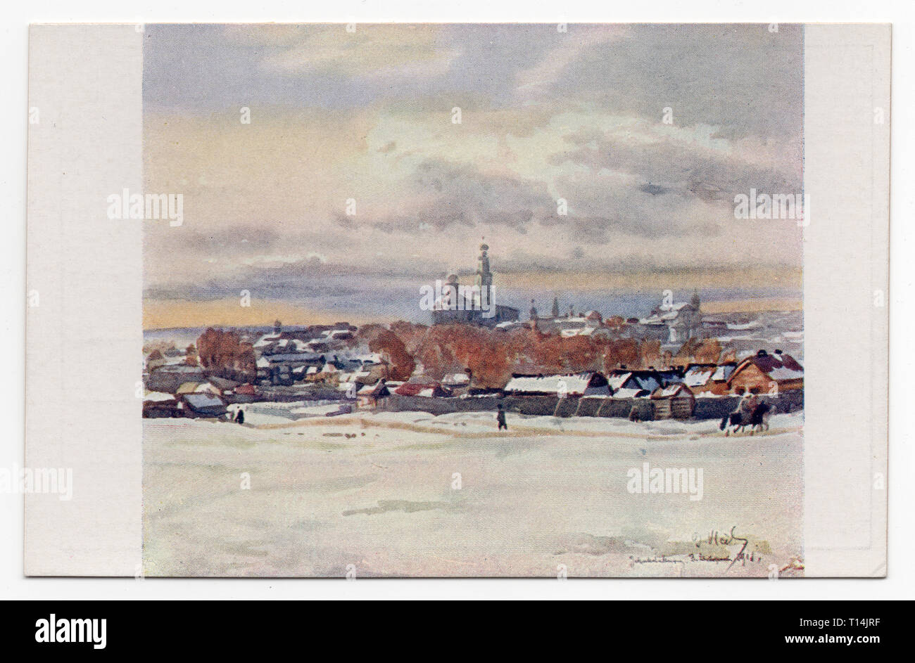 View of Yekaterinburg, Russia, depicted in the watercolour painting by Czech artist Jindřich Vlček (1918) printed on the Czechoslovak vintage postcard from the series 'Pictures from the life and fights of the Czechoslovak legions in Russia' ('Pohledy ze života a bojů československých legií v Rusku') issued in Czechoslovakia in the 1920s. The Ascension Church on Voznesenskaya Hill is seen in the background. Courtesy of the Azoor Postcard Collection. Stock Photo