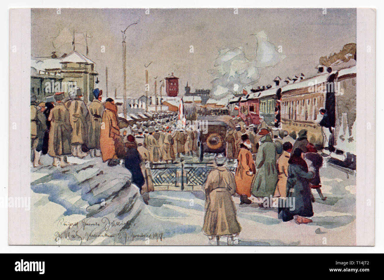 Arriving of French general Maurice Janin to Yekaterinburg, Russia, depicted in the watercolour painting by Czech artist Jindřich Vlček painted on 27 December 1918 and printed on the Czechoslovak vintage postcard from the series 'Pictures from the life and fights of the Czechoslovak legions in Russia' ('Pohledy ze života a bojů československých legií v Rusku') issued in Czechoslovakia in the 1920s. General Maurice Janin was the chief of the French military mission in Siberia and the formal commander of the Czechoslovak legions during the Russian Civil War. Courtesy of the Azoor Postcard Collect Stock Photo