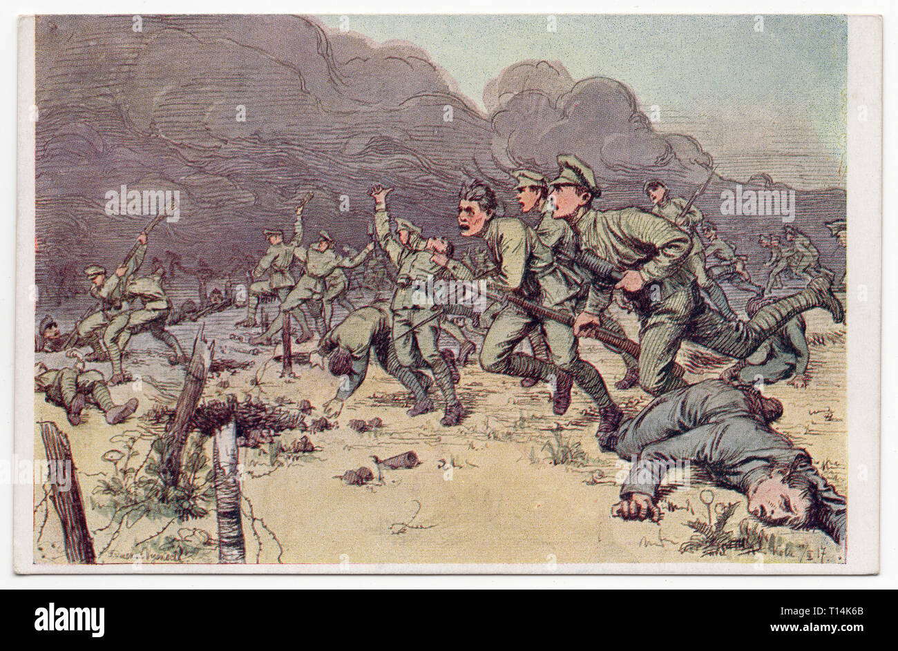 Czechoslovak soldiers on the attack depicted in the watercolour painting by Czech artist František Duchač-Vyskočil (1917) printed on the Czechoslovak vintage postcard from the series 'Pictures from the life and fights of the Czechoslovak legions in Russia' ('Pohledy ze života a bojů československých legií v Rusku') issued in Czechoslovakia in the 1920s. The attack of the Czechoslovak armed forces on the Eastern Front of the First World War is depicted. Courtesy of the Azoor Postcard Collection. Stock Photo