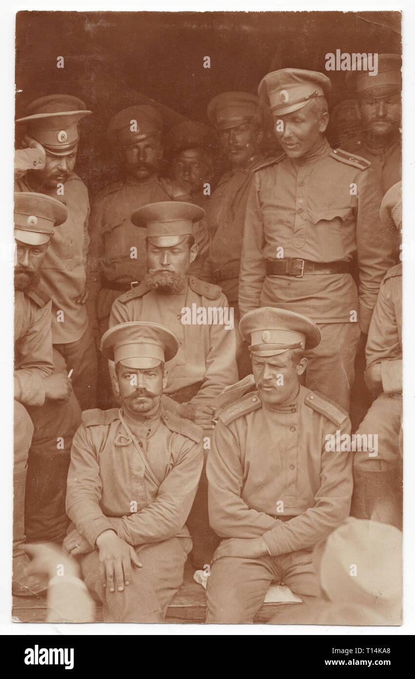 Russian prisoners of war pictured being transported during the First World War in the railway carriage probably on some railway station in the modern-day Czech Republic. Black and white vintage photograph by an unknown photographer. Courtesy of the Azoor Photo Collection. Stock Photo
